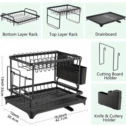 2 Tier Dish Drying Rack Kitchen Bowl Drainer Storage Rack Tableware Drain Chopsticks Knife Fork Water Cup Storage Holder 2 Tier