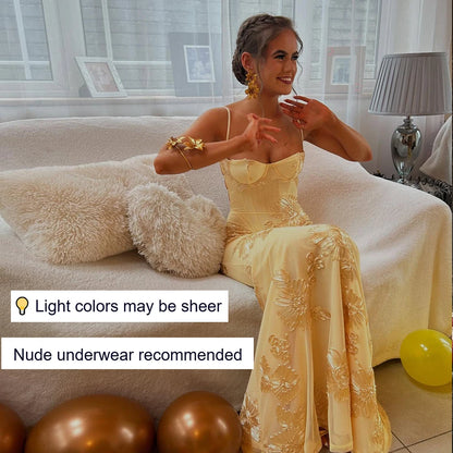 Backless Mermaid Dress Maxi Yellow Prom Gown With 3D Floral Embroidery - Sexy Lace Up Party