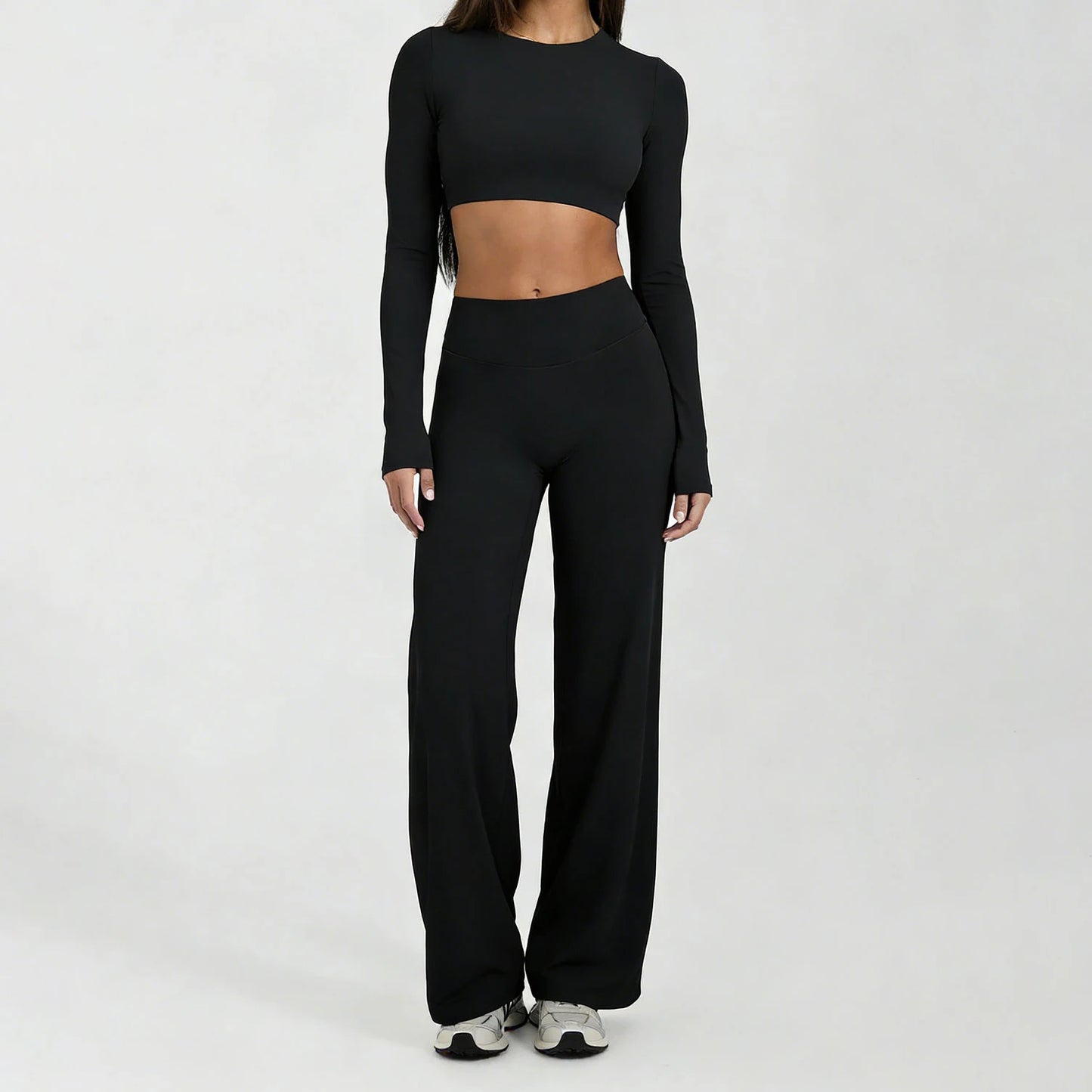 Running Sportswear Women 2 Piece Set Short Cropped Long Sleeve Top Straight Leg Yoga Pants Breathable Quick Dry Gym Suit