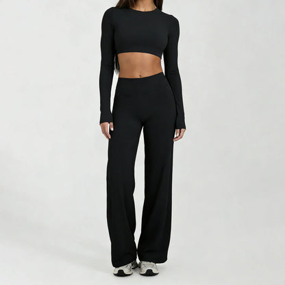 Running Sportswear Women 2 Piece Set Short Cropped Long Sleeve Top Straight Leg Yoga Pants Breathable Quick Dry Gym Suit