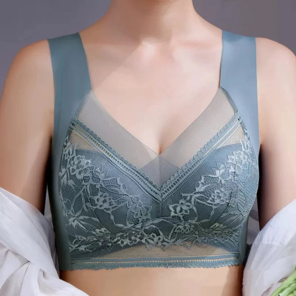 Plus Size Bra - Women's Lace Padded Comfort Bra With Ice Silk Fabric, Wire Free Support