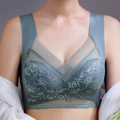 Plus Size Bra - Women's Lace Padded Comfort Bra With Ice Silk Fabric, Wire Free Support