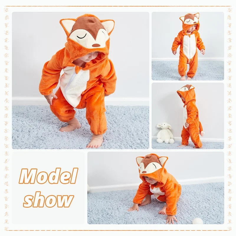 Baby Winter Rompers - Soft Polyester Hooded Jumpsuit With Animal Pattern, Machine Washable