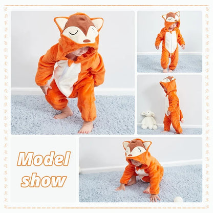 Baby Winter Rompers - Soft Polyester Hooded Jumpsuit With Animal Pattern, Machine Washable