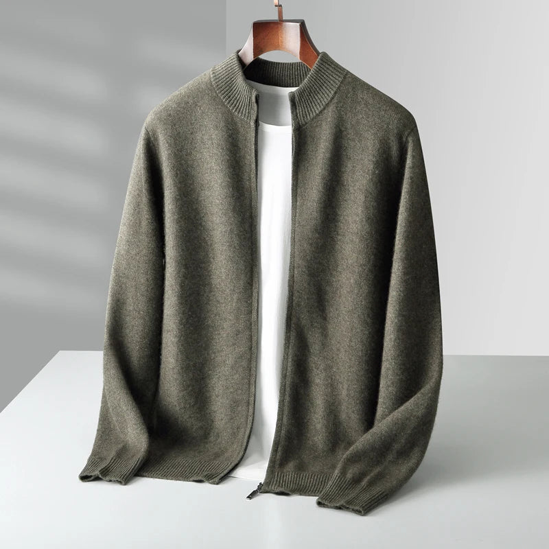 100% Merino Wool Men's Warm Sweater Mock Collar Thickened Zippered Cardigan Autumn Winter New Cashmere Knitted Long Sleeve Tops