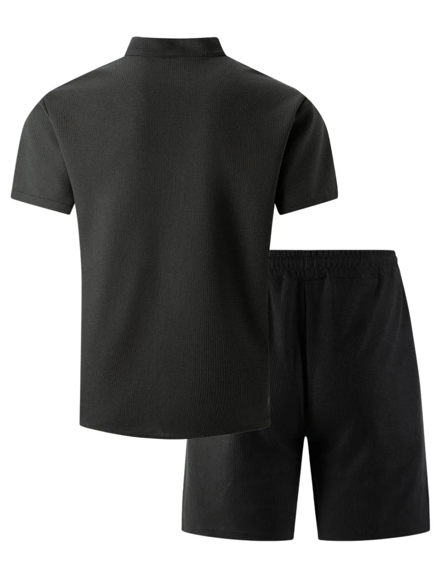 Men's new summer style waffle plain-color crew-neck t-shirt with pocket short-sleeved set with beach shorts men's casual suit