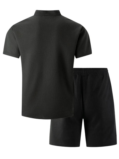 Men's new summer style waffle plain-color crew-neck t-shirt with pocket short-sleeved set with beach shorts men's casual suit