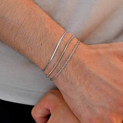 3pcs Men Thin Chain Bracelet,Never Fade Silver Color Twist Chain Wristband,Stylish Punk Jewelry Gift for Husband Father Son