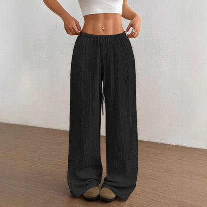 Women's Elegant Multi-Functional Stretch Waist Comfortable Casual Pants, Slightly Stretchy Simple Solid Textured Fabric High-Waist Wide-Leg Pants with Drawstring Waist and Slanted Pockets