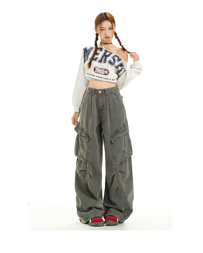 Retro Casual High Waisted Baggy Cargo Jeans Women Washed Distressed Wide Leg Pants Brown Denim Y2K Streetwear Vintage Trousers