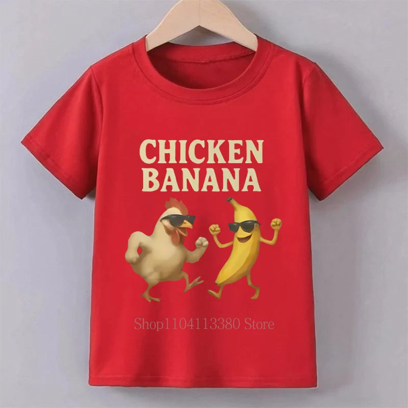 Banana Chicken Print Children T-shirts Summer Casual Fashion Funny Meme Short Sleeve Kids Tops Colorful O-Neck T-shirts
