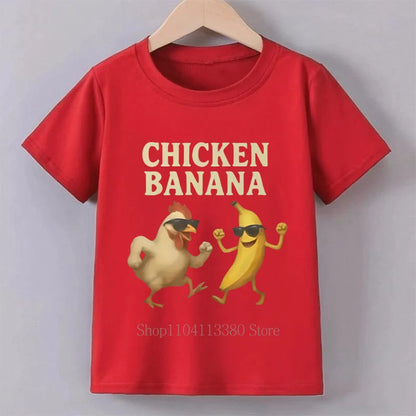 Banana Chicken Print Children T-shirts Summer Casual Fashion Funny Meme Short Sleeve Kids Tops Colorful O-Neck T-shirts