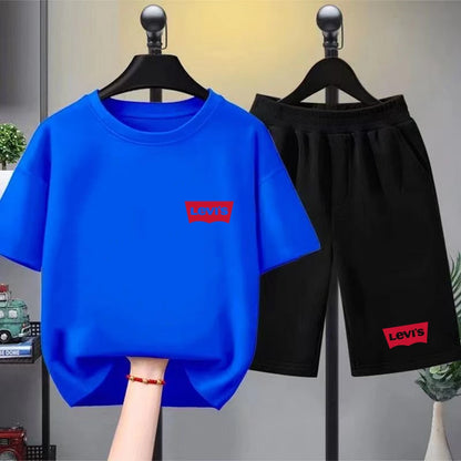 Summer Boy Girl Red T-shirt+Shorts Two-piece Set Kids Brand Clothing Fashion 3-12Yrs Sports Short-sleeved Casual Black Set
