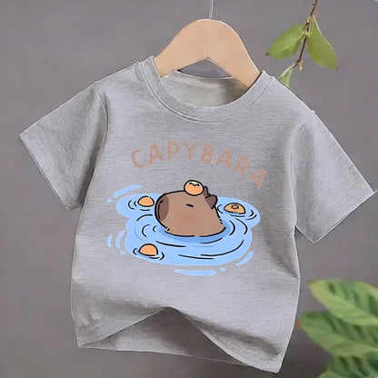 4 To14Y Girls Casual Capybara Print Short Sleeve T-Shirt 2026 New Cute Spring Summer Y2k Children's Crew Neck Tee Tops