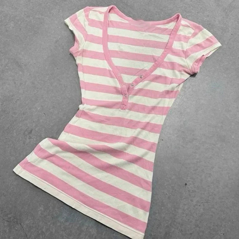 Y2k Crop Top Women Hot Girl Stripe Street Emo 2000s Cloth Summer Vintage Short Sleeve T-shirt Fashion Chic Classic Cute Baby Tee