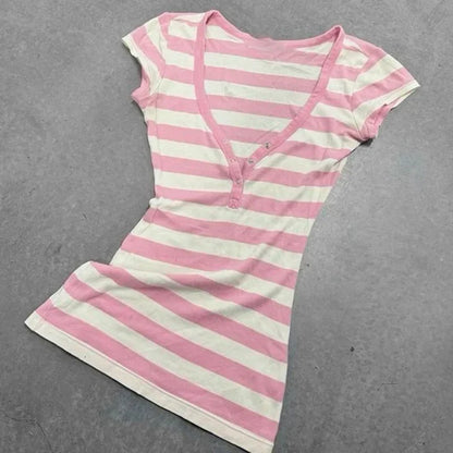 Y2k Crop Top Women Hot Girl Stripe Street Emo 2000s Cloth Summer Vintage Short Sleeve T-shirt Fashion Chic Classic Cute Baby Tee