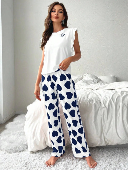 Spring Summer Heart Print Sleepwear Women Comfortable Pajamas Set Short Sleeve T-shirt with Pants Casual Homewear Loungewear