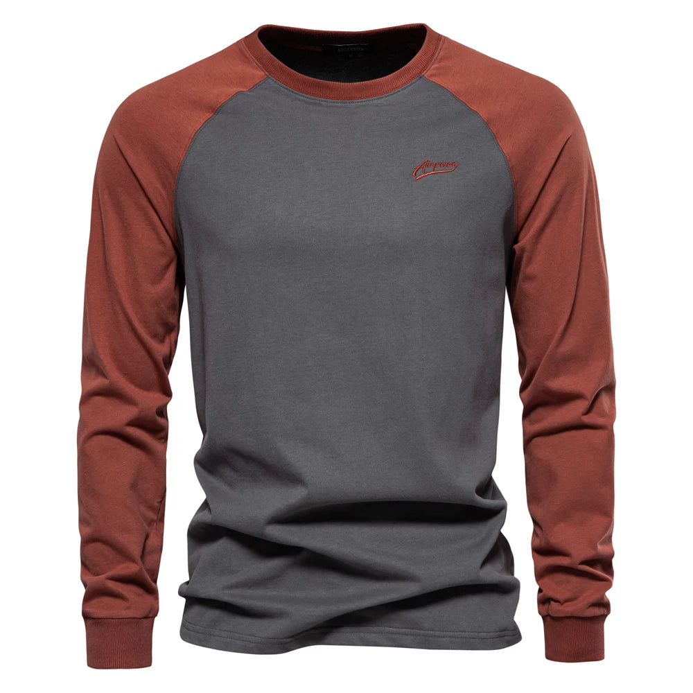 Men's Cotton T-Shirts - Long Sleeve Patchwork O-Neck Casual Designer Tees