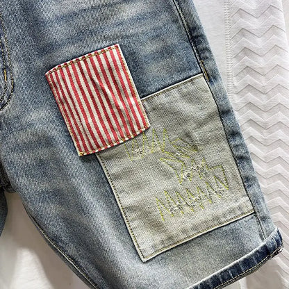 Denim Shorts Men - Slim Fit Knee Length Casual Summer Pants With Trendy Patch