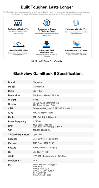 Blackview GamiBook 8 16 Inch Laptop - AMD Ryzen 7, 1920x1200 Display, Fast Charge Battery