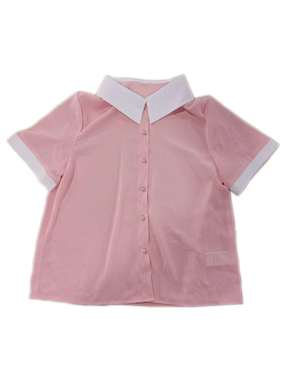 Summer Women Short Sleeve Chiffon Blouse Elegant Contrast Collar Pearl Button Office Casual Textured Breathable Fashion Tops