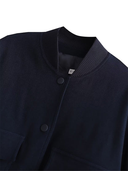 Women Bomber Jacket - Solid V Neck Single Breasted Polyester Coat With Pockets
