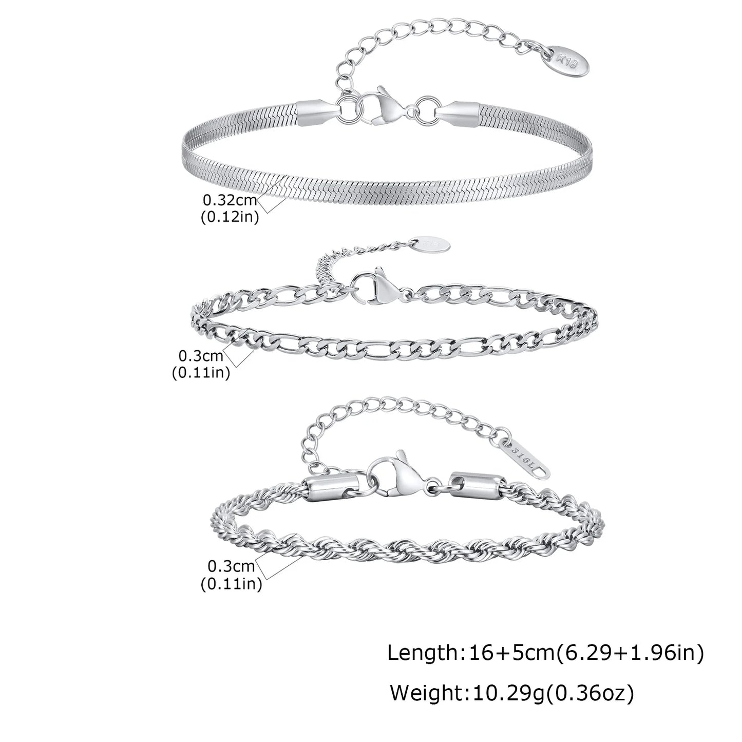 3pcs Men Thin Chain Bracelet,Never Fade Silver Color Twist Chain Wristband,Stylish Punk Jewelry Gift for Husband Father Son