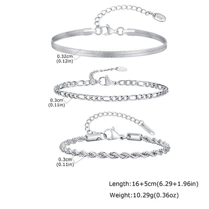 3pcs Men Thin Chain Bracelet,Never Fade Silver Color Twist Chain Wristband,Stylish Punk Jewelry Gift for Husband Father Son