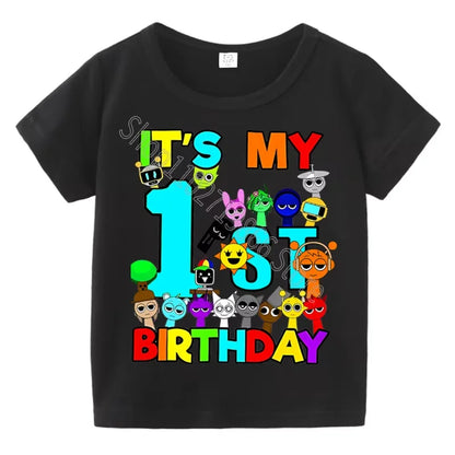 Kids Birthday Cute Cartoon Characters Graphic T-Shirt, Soft Cotton Crew Neck Tee, Casual Party Wear for Boys & Girlsdf0019