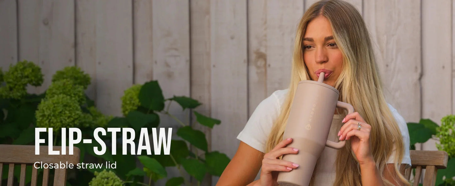 40oz Cream Insulated Stainless Steel Water Bottle | HYD Traveler Flip Straw Tumbler with Handle