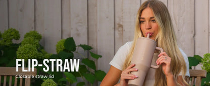 40oz Cream Insulated Stainless Steel Water Bottle | HYD Traveler Flip Straw Tumbler with Handle