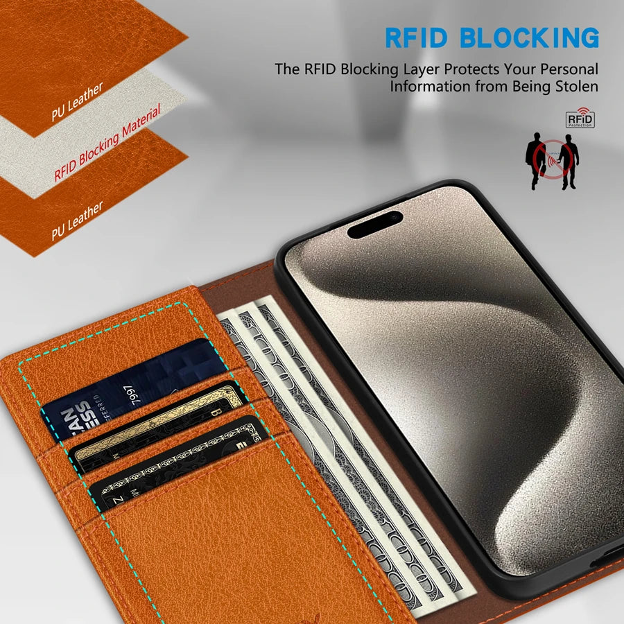 Wallet Skin Friendly Card Slot Magnetic Flip Leather Case For iPhone 17 Pro Max Air 16e 16 15 14 Plus 13 12 11 XR Card Holder