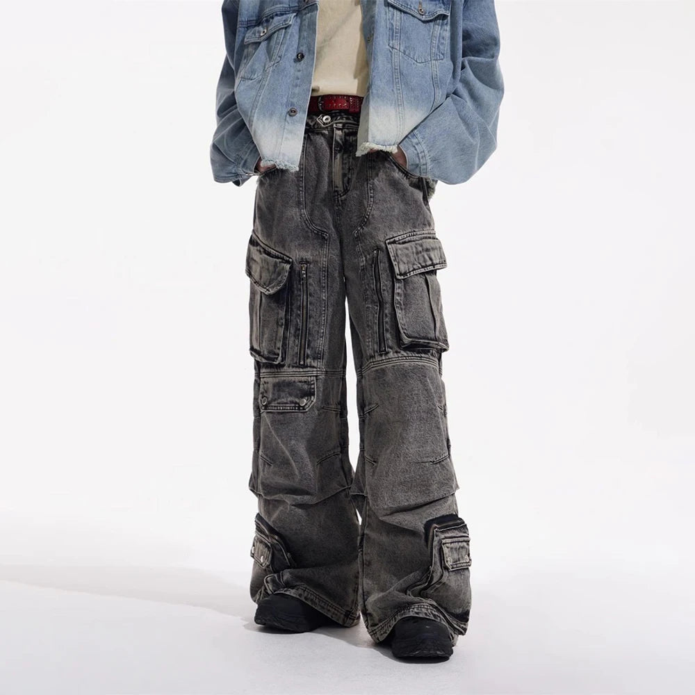 Men Gothic Jeans Y2k Big Pocket Cargo Jeans Streetwear Fashion Japanese Youth Campus Wide Leg Casual Pants Male Men'S Clothing