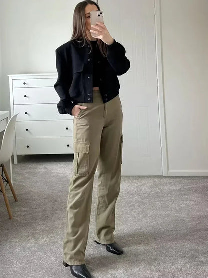 1PCS Woman Bomber Jacket Coat White Autumn Winter Button Baseball Aviator Cropped Jackets for Women Long Sleeve Crop Outerwear