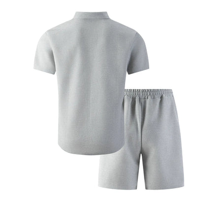 Summer New Men Waffle Knit Polo Solid Color Lapel Short Sleeve Cardigan Shirt Pocket Shorts Set Casual 2 Piece Outfit For Male
