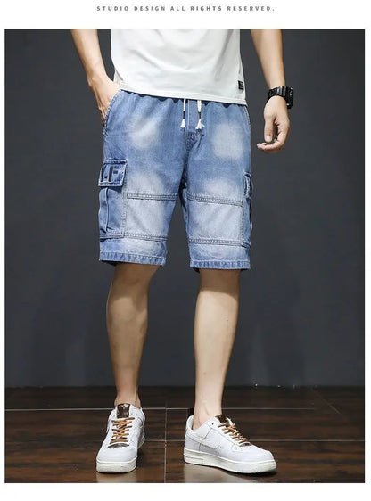 Denim Knee Length Shorts - Casual Loose Fit Multi Pocket Boyfriend Style Jeans