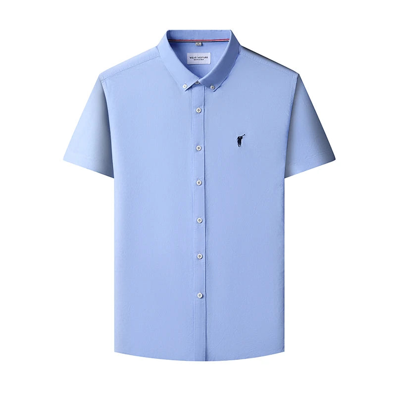 Solid Color Cotton Embroidered Small Horse Logo Shirt, Men's Short Sleeved Casual Versatile High-end Spring and Autumn Shirt