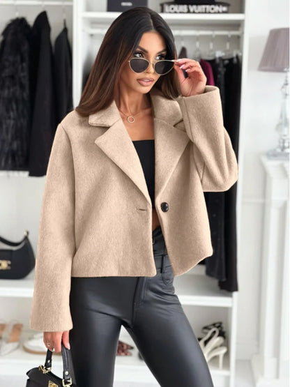 Cropped Trench Coat - Women's Wool Coat With Single Button Closure, Autumn Winter Outerwear