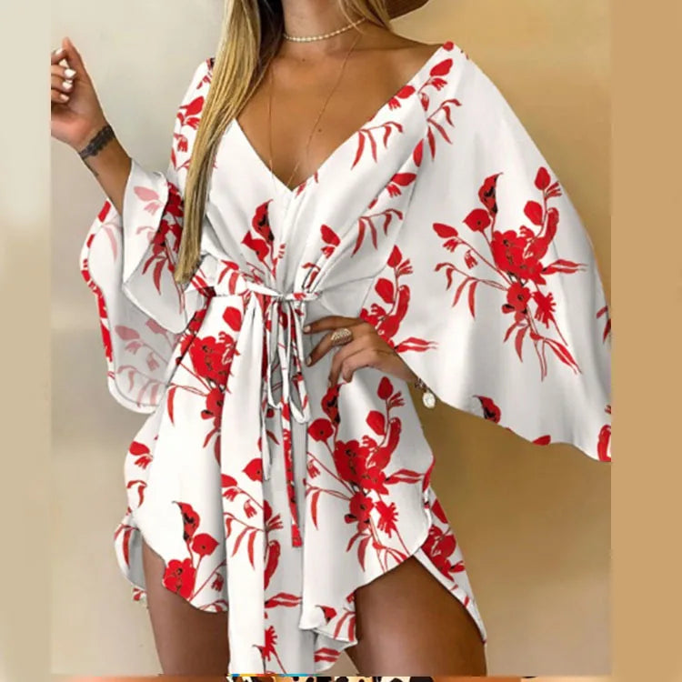 Women Print Dress - V-Neck Mini Sundress With Batwing Sleeve & Ruffle Detail