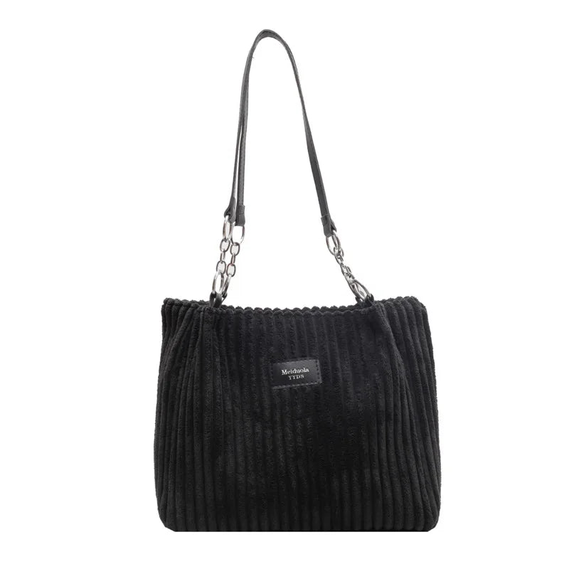 Corduroy Shoulder Handbag – Women's Soft Cotton Shopping Bag With Zipper Closure