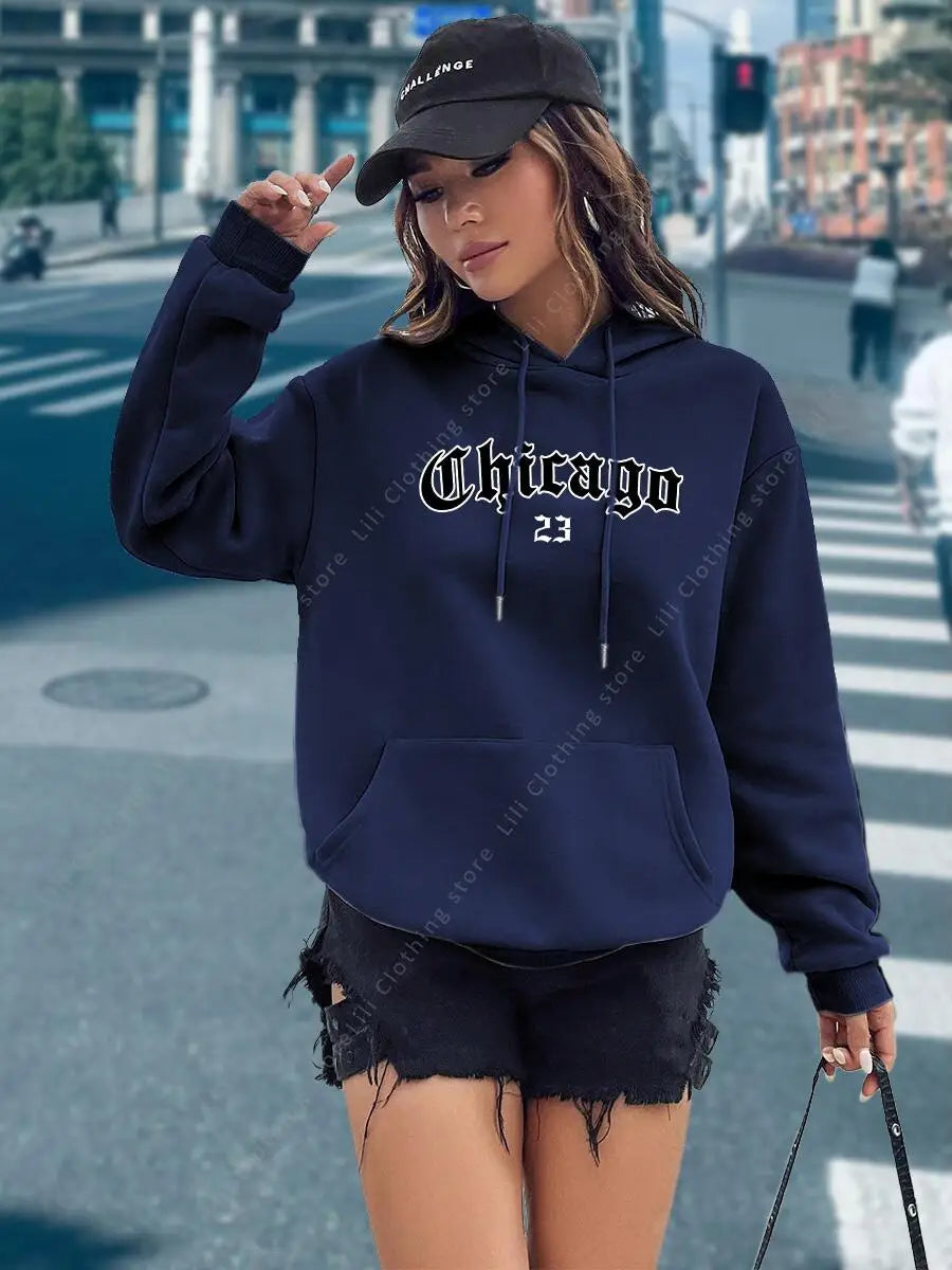 CHICAGO 23 Letter Hoodies Women's Hooded Sweatshirt Pullover Spring Autumn Top Aesthetic Y2K Street Sport Clothing Woman Hoody