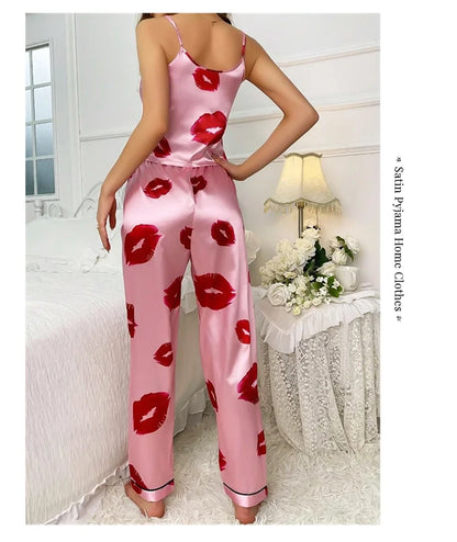 Women's Satin Pajama Set with Lip Print V-Neck Cami Top and Elastic Pants For Women Pijama Comfortable Sleep and Loungwear