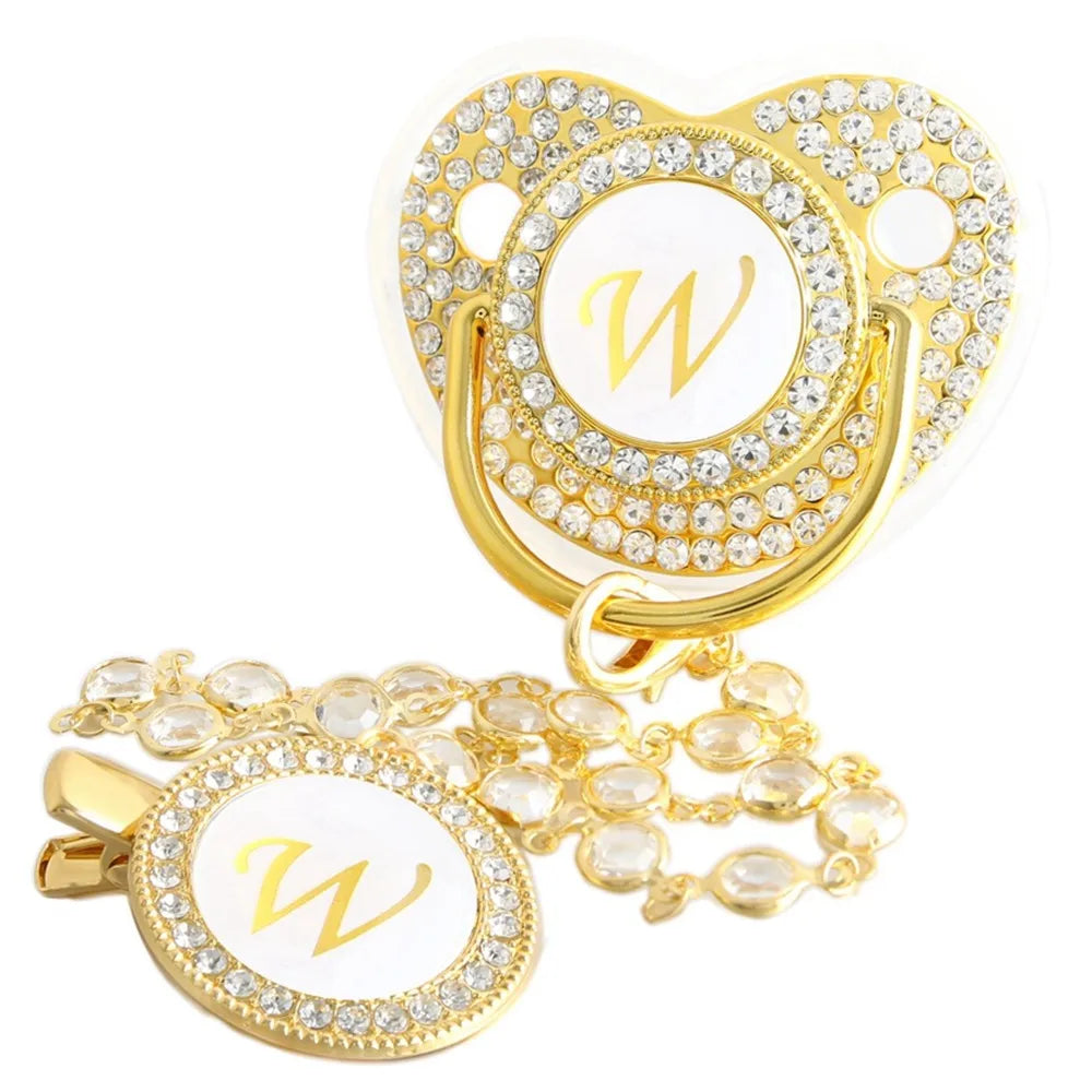 Golden Baby Pacifier With Diamond Chain Clip – Silicone, Rhinestone, Latex Free