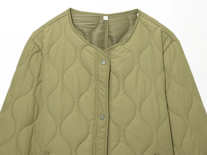 Quilted Jacket Women - Warm Winter Padded Coat With Covered Button Closure