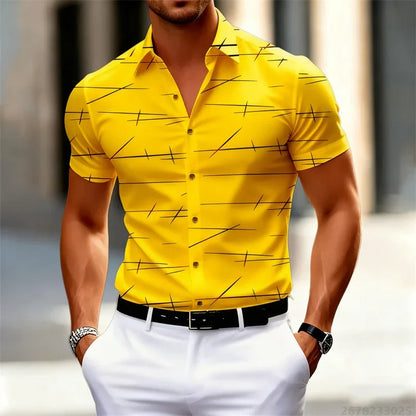 18 Colors 2026 New Men's Fashion Geometric Line Print Short-sleeved Shirt Urban Casual Style Slim Lapel Shirt Comfortable Fabric