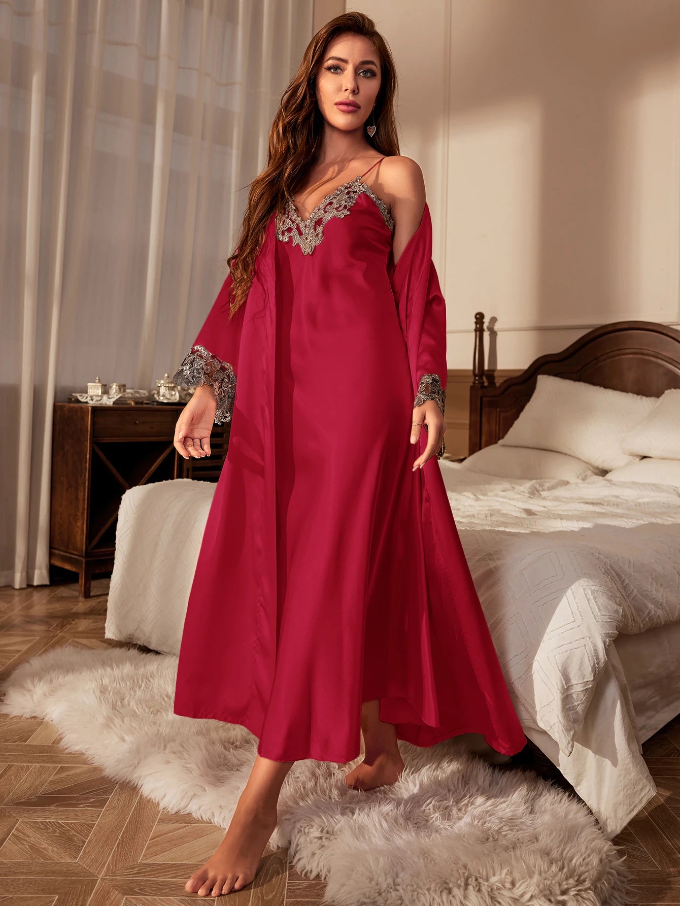 Contrast Lace Pajama Set Long Sleeve Robe With Belt  V Neck Slip Dress Women's Sleepwear  Loungewear