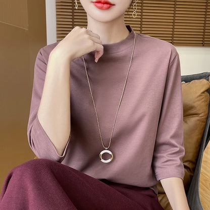 Cotton Cropped T-Shirt - Women's Semi-High Neck Loose Fit Three Quarter Sleeve Top