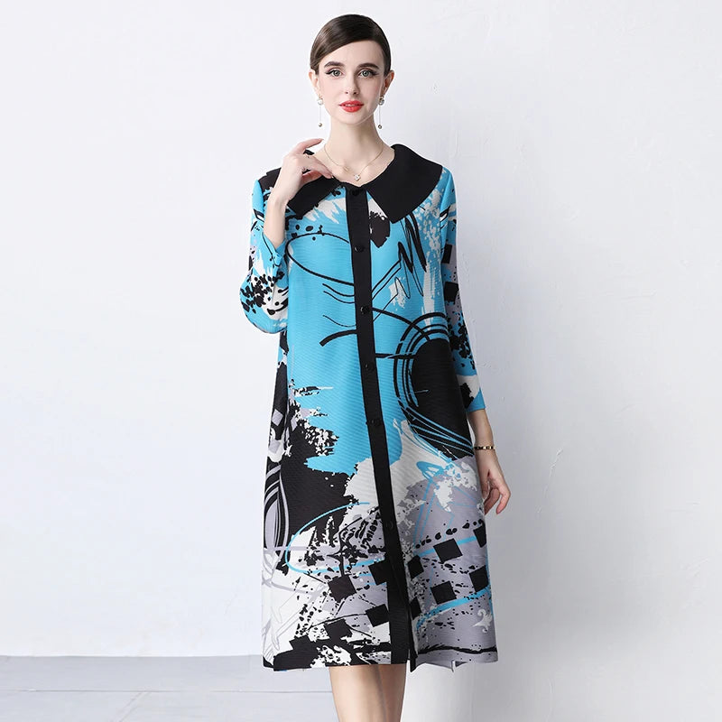 Miyake Pleated Drape Dress Women 2024 Spring Summer Colorblock Printing Lapel 3/4 Sleeve Single-breasted Fashion Shirt Dresses