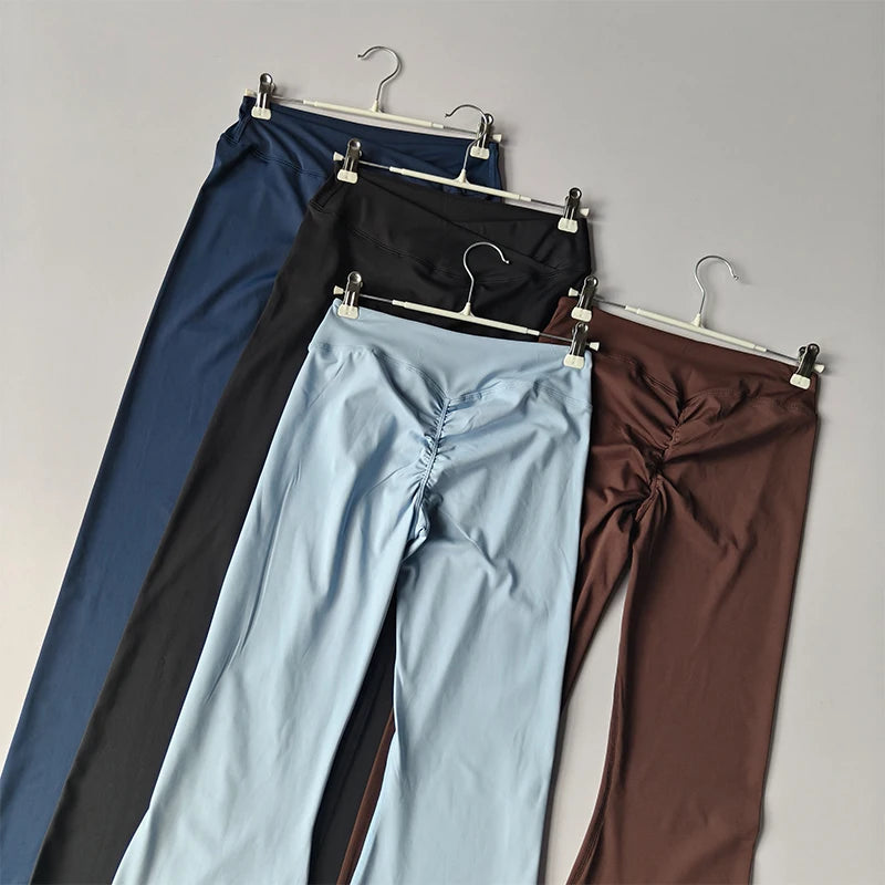 Women's Cross Waist Flare Pants - Booty Lifting Yoga Tights with Ruffle Detail, Quick Dry Wide Leg for Fall Workouts