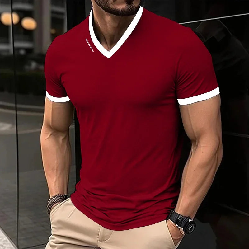 Men's V-Neck T-Shirt - Breathable Polyester Casual Tee, Solid Color Summer Top